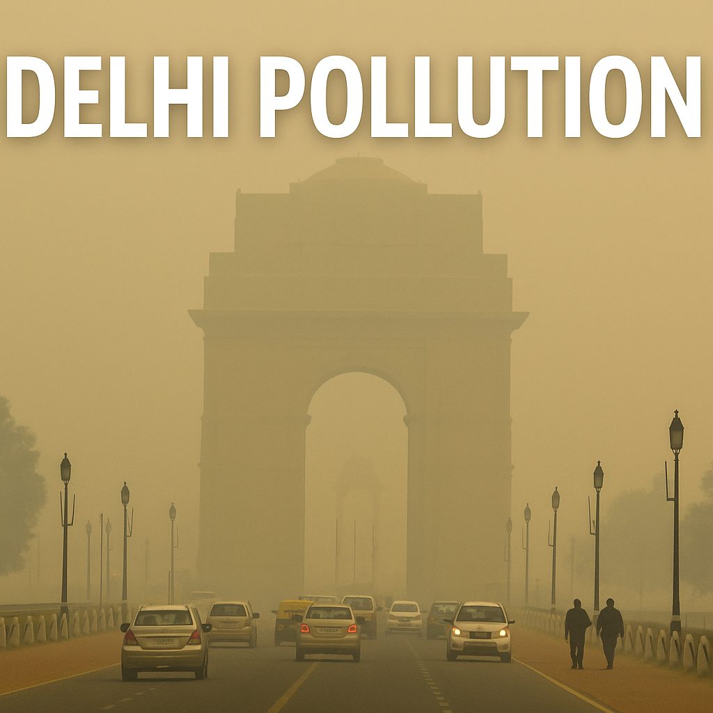“Delhi smog covering India Gate with low visibility as air pollution levels rise to severe AQI category.”