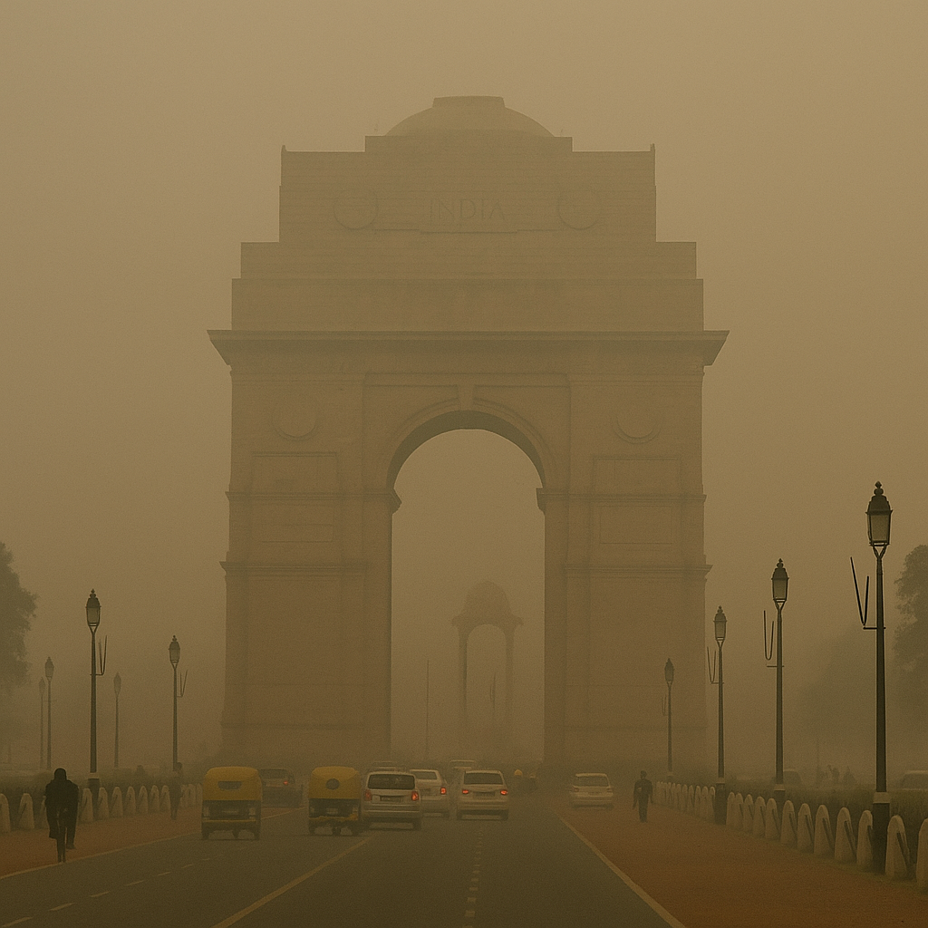 “Delhi smog covering India Gate with low visibility as air pollution levels rise to severe AQI category.”

