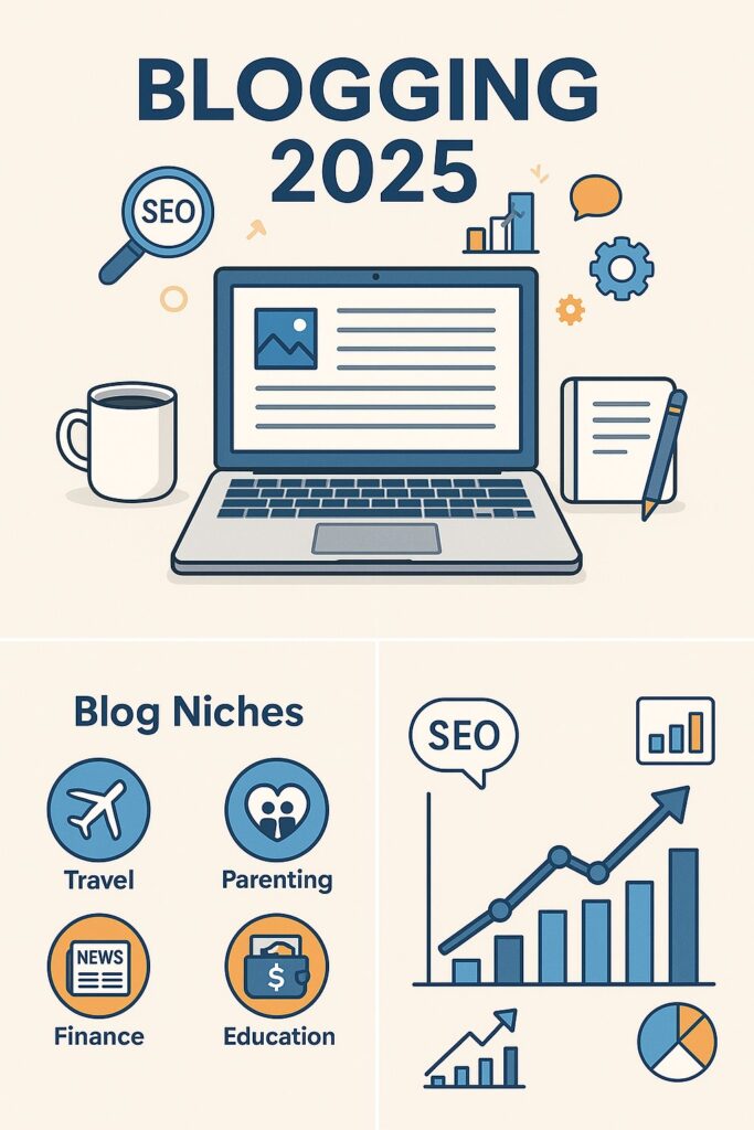 Blogging 2025 concept with laptop, SEO icons and digital writing tools in flat minimal design