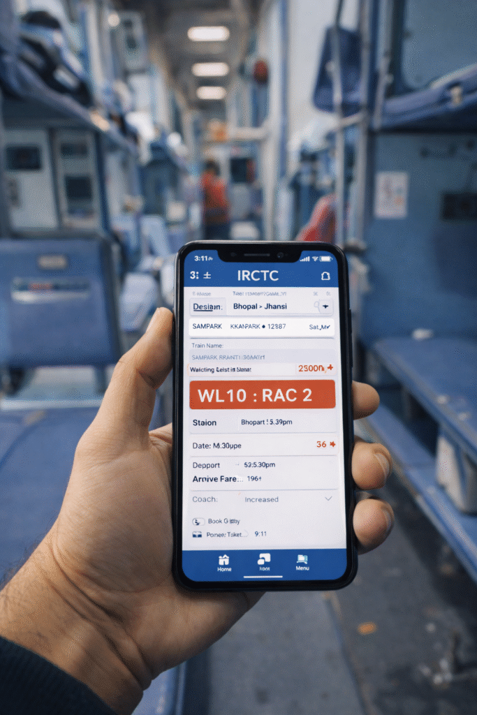 IRCTC app showing waiting list and RAC ticket status on mobile phone inside train coach