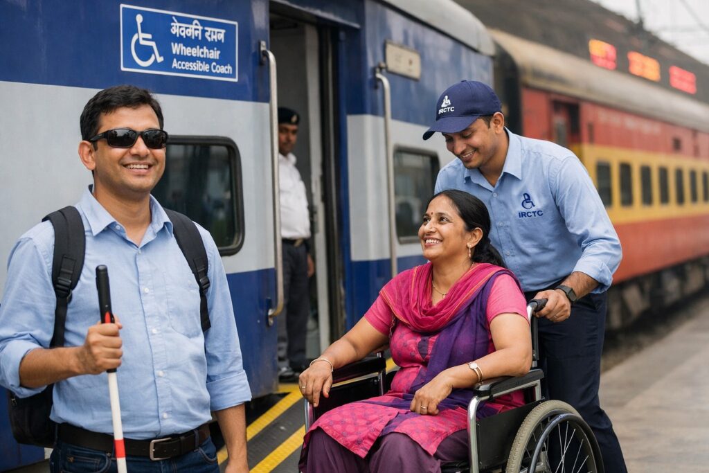 “भारतीय रेलवे ट्रेन में यात्रा करता हुआ एक दृष्टिबाधित (Divyang) यात्री”