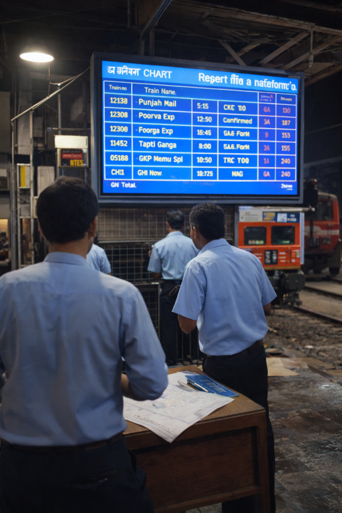 Indian railway chart preparation showing waiting list and confirmed ticket status before train departure