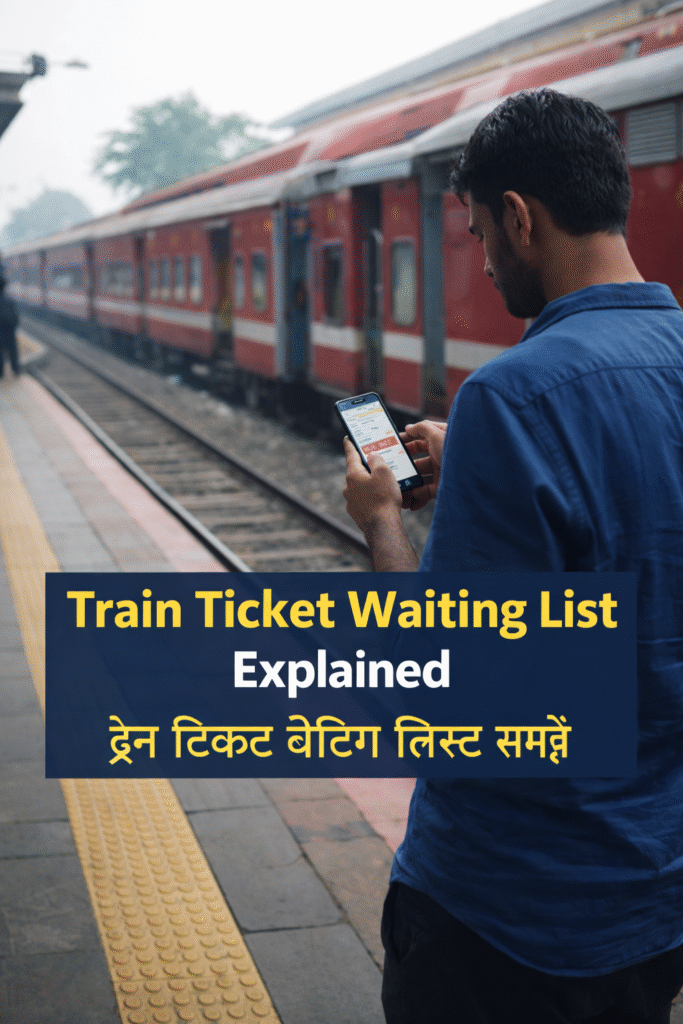 Train ticket waiting list explained in Hindi – passenger checking IRCTC ticket status on mobile at Indian railway platform