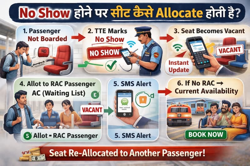 IRCTC No Show होने पर सीट RAC या वेटिंग पैसेंजर को कैसे मिलती है