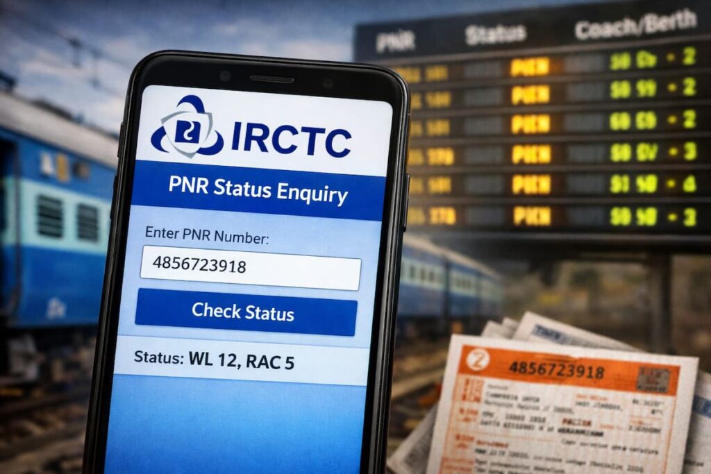 IRCTC PNR Status Check 2026 मोबाइल पर PNR स्टेटस चेक करते हुए