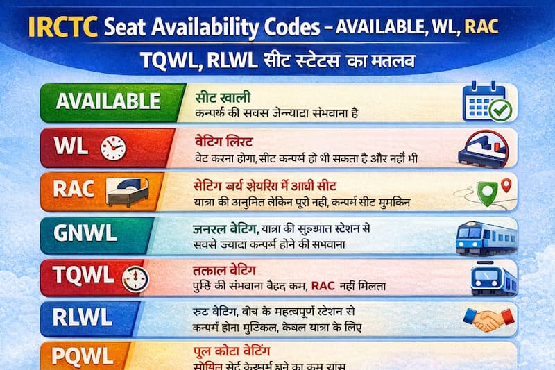 IRCTC seat availability codes AVAILABLE WL RAC GNWL TQWL explained in Hindi