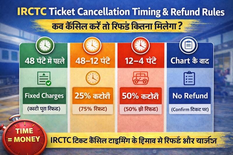 IRCTC ticket cancellation timing 2026 refund rules chart ke pehle aur baad