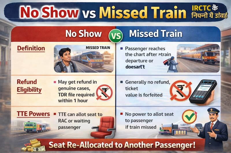 IRCTC No Show और Missed Train नियमों का अंतर