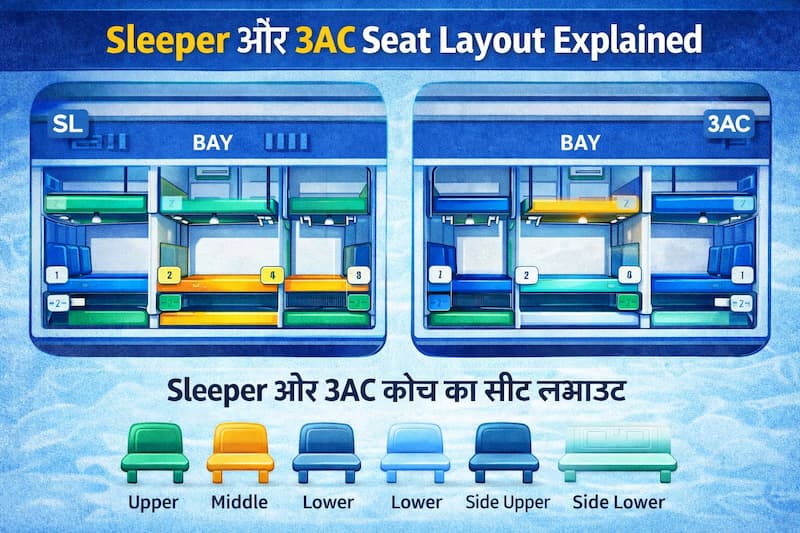 IRCTC sleeper और 3AC seat layout में lower upper side berth