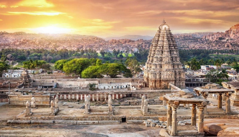 Virupaksha temple Hampi sunset view Karnataka UNESCO site