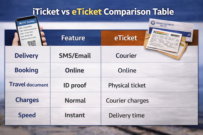 IRCTC eTicket vs iTicket comparison chart difference