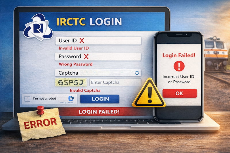 IRCTC login error message invalid user id wrong password issue