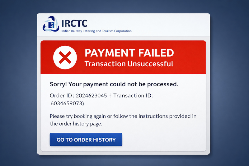 IRCTC payment failed error screen transaction failed message