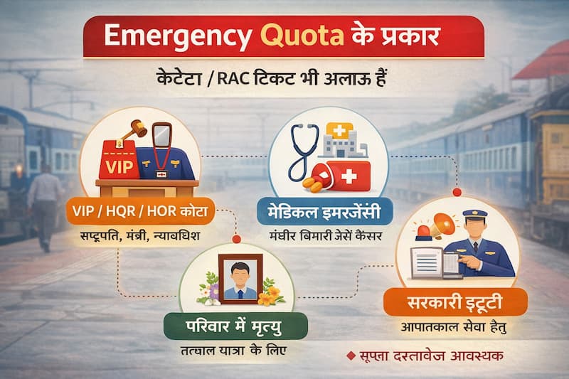 Indian Railways Emergency Quota types VIP medical death government duty