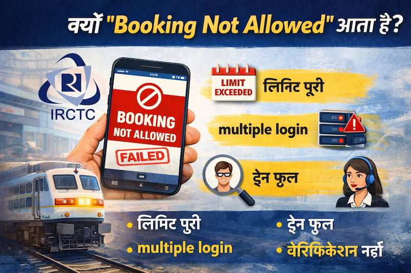 IRCTC booking not allowed error के मुख्य कारण जैसे limit, server और tatkal issue