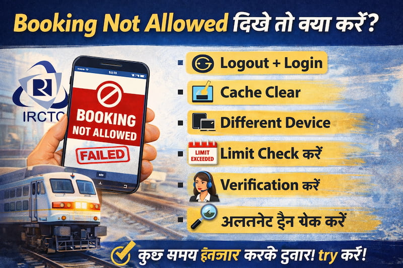 IRCTC booking not allowed error को ठीक करने के तरीके जैसे logout, retry और limit check