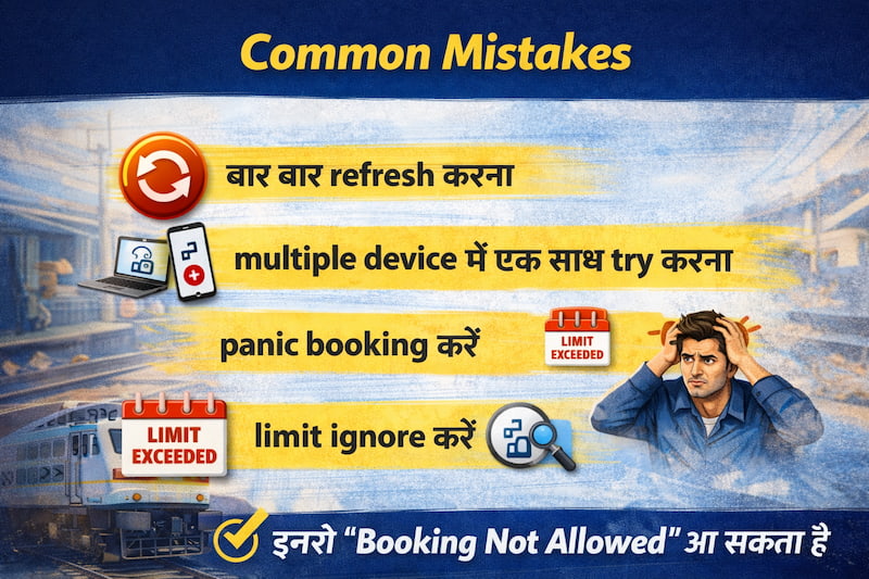 IRCTC booking not allowed error के common mistakes जैसे multiple login और refresh करना