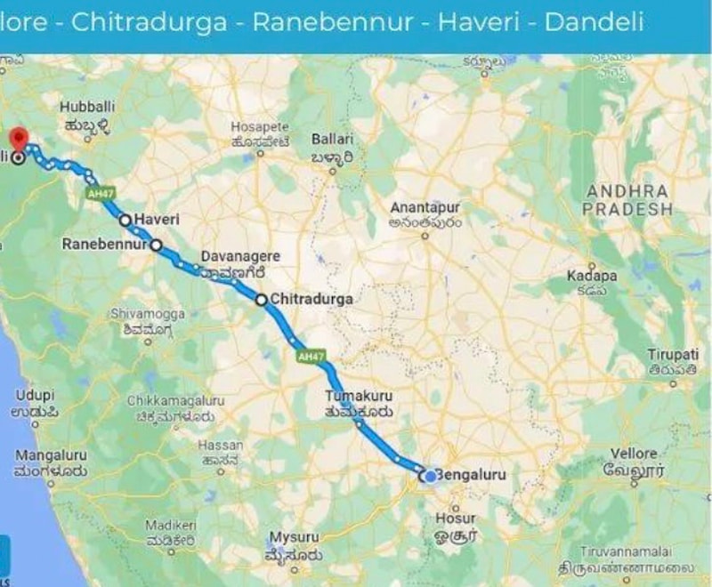 Bangalore to Dandeli route map distance road trip Karnataka