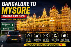 Bangalore to Mysore road trip distance route guide Mysore Palace night view