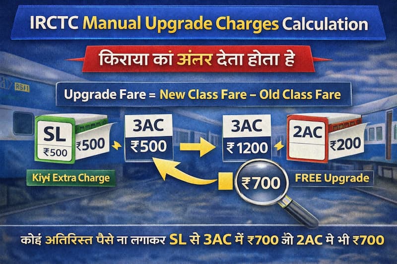 IRCTC manual upgrade charges calculation SL to 3AC fare difference kaise calculate hota hai