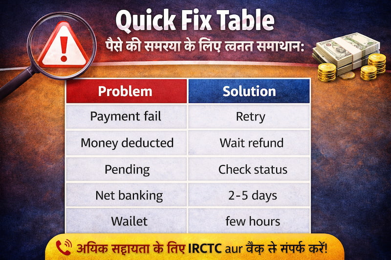 IRCTC payment fail quick fix table Hindi
