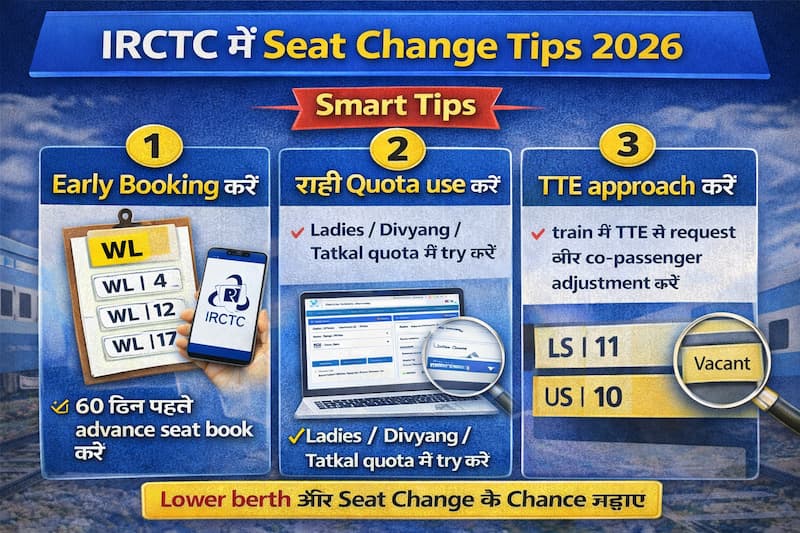 IRCTC seat change tips 2026 lower berth कैसे पाएं और seat adjust tips