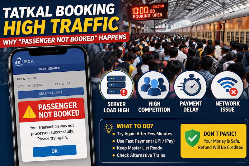 irctc tatkal booking high traffic server issue passenger not booked reason