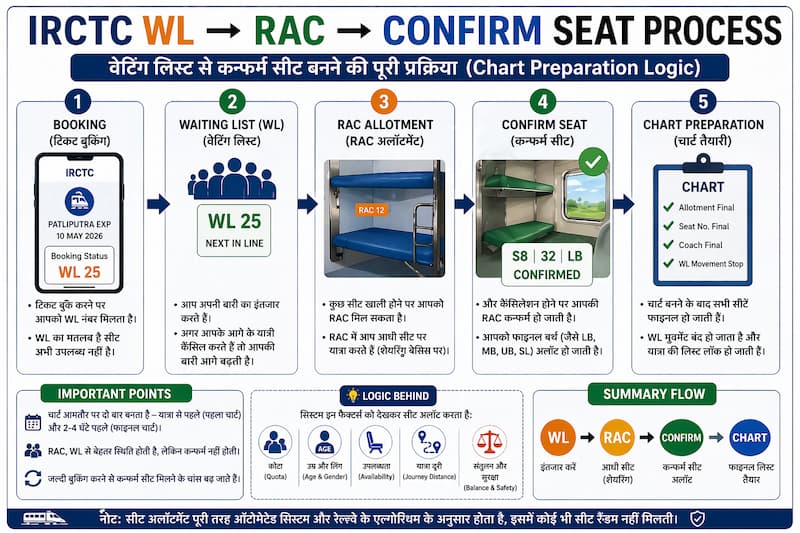 IRCTC waiting list RAC confirm seat process chart preparation Hindi