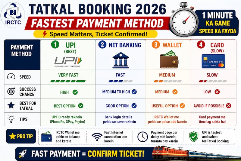 tatkal fast payment method upi vs card vs net banking irctc Hindi