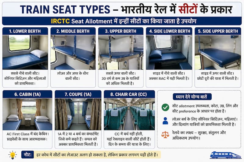 train seat types lower upper middle side berth sleeper coach layout India