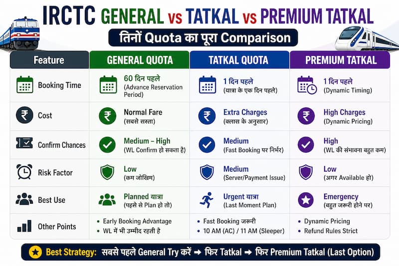 irctc quota comparison chart general tatkal premium tatkal