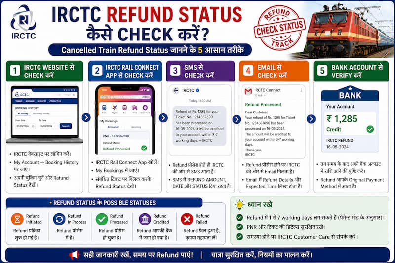 IRCTC refund status कैसे check करें train cancelled refund tracking process