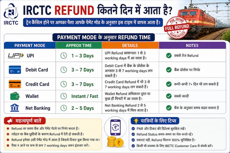 IRCTC refund कितने दिन में आता है payment mode wise timing