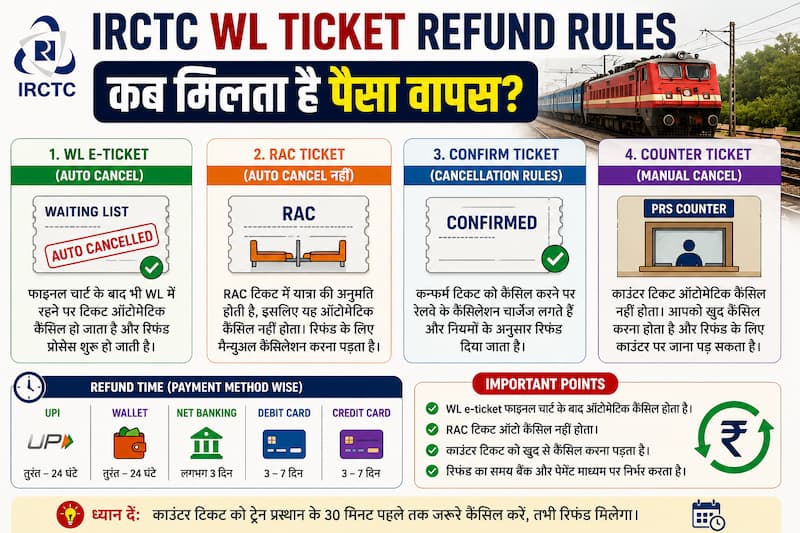 IRCTC WL RAC counter ticket refund difference

