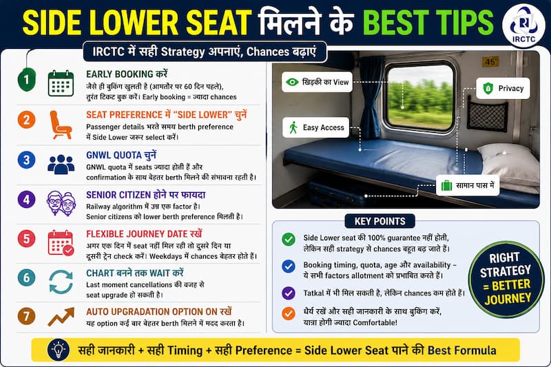 IRCTC में Side Lower Seat पाने के best booking tips